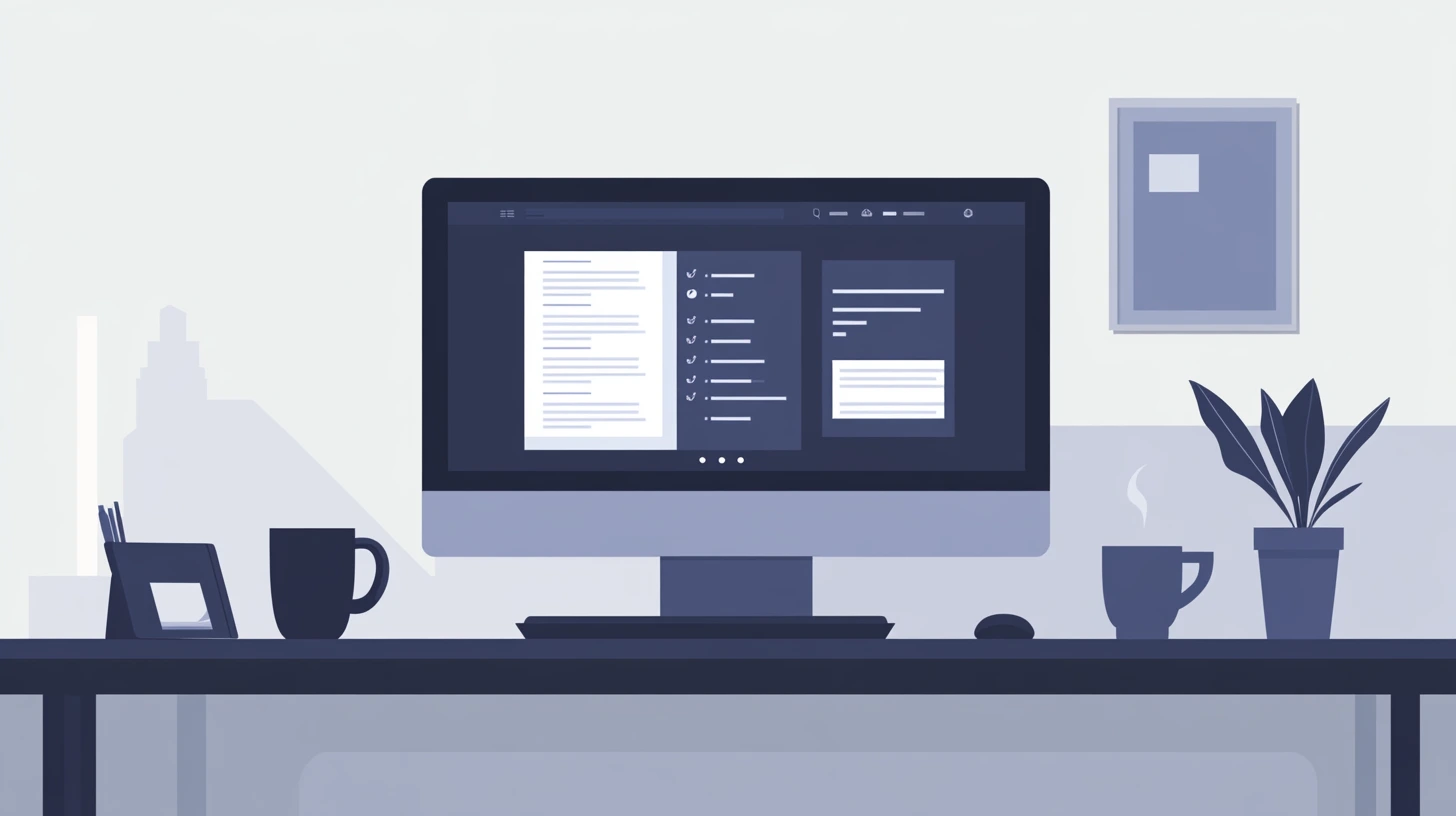 Ein moderner Arbeitsplatz mit einem Computer, der eine minimalistische Website im Dark Mode zeigt.